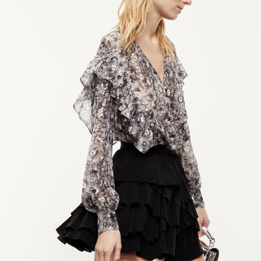 The Kooples Flowing Silver Top With Floral Print Black-Ecru